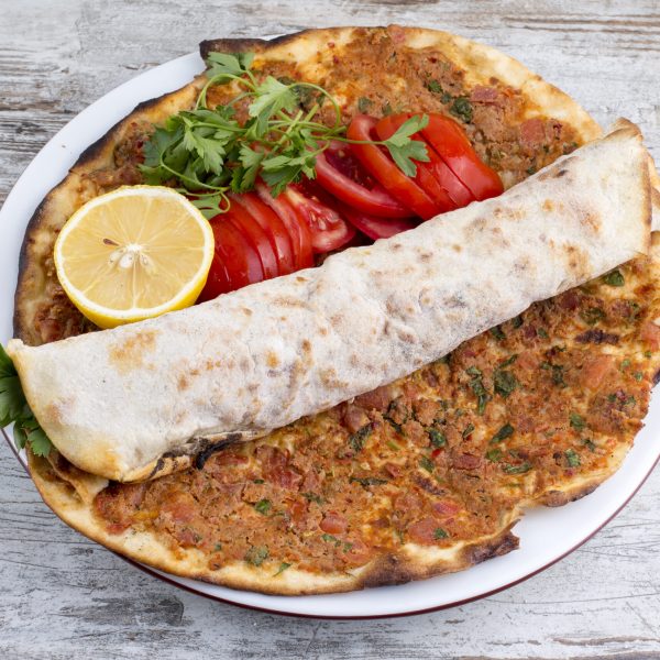 Traditional delicious Turkish foods; Turkish pizza, meat bread (Lahmacun)